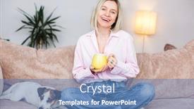  Presentation with tea coffee - PPT theme featuring attractive-happy-middle-aged-woman background and a teal colored foreground