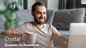  Presentation with computer room - Colorful PPT layouts enhanced with attractive-happy-smart-young-man backdrop and a violet colored foreground