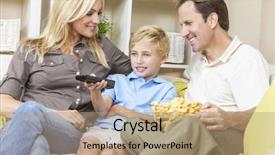  Presentation with television watching - Beautiful PPT theme featuring attractive happy young family of mother father and son sitting on a sofa at home watching television the boy is using the remote control backdrop and a coral colored foreground