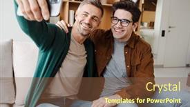  Presentation with young happy couple - Colorful presentation theme enhanced with attractive-happy-young-male-gay backdrop and a tawny brown colored foreground