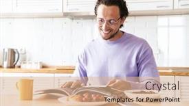  Presentation with breakfast cereal - Cool new PPT layouts with attractive-happy-young-man-sitting backdrop and a coral colored foreground