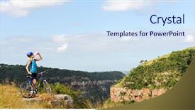  Presentation with mountain water - Presentation theme consisting of attractive healthy woman drinks from her water bottle on mountain bike active outdoor lifestyle concept background and a sky blue colored foreground