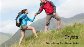  Presentation with helping man - Cool new presentation design with attractive hiker helping his girlfriend backdrop and a yellow colored foreground