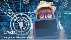  Presentation with matrix - Beautiful PPT layouts featuring attractive hipster woman behind a tablet against blue matrix and codes backdrop and a ocean colored foreground