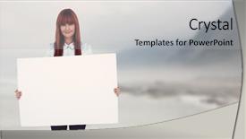  Presentation with misty - Presentation consisting of attractive hipster woman holding white card against ocean against the misty mountains background and a light gray colored foreground