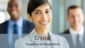  Presentation with woman leader - Amazing PPT layouts having business executive with business team backdrop and a light blue colored foreground