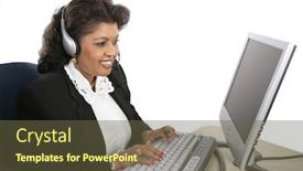  Presentation with technical support - PPT theme with attractive indian technical support specialist sitting at the computer with a headset on isolated on white background and a tawny brown colored foreground