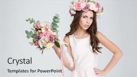  Presentation with white flowers - Slide deck having attractive irritated young woman in white dress and wreath of roses showing bouquet of flowers over white background background and a light gray colored foreground