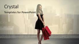  Presentation with tall buildings - PPT theme having attractive lady in black holding red shopping bags standing in front o urban landscape with tall buildings concept background and a lemonade colored foreground