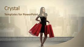  Presentation with tall buildings - Beautiful presentation theme featuring attractive lady in black holding red shopping bags standing in front o urban landscape with tall buildings concept backdrop and a lemonade colored foreground