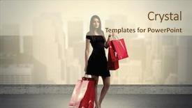  Presentation with tall buildings - Beautiful PPT theme featuring attractive lady in black holding red shopping bags standing in front o urban landscape with tall buildings concept backdrop and a lemonade colored foreground