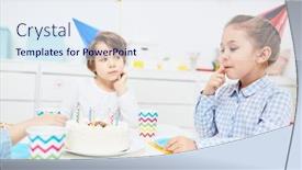  Presentation with birthday celebration - Presentation featuring attractive little girl in birthday cap tasting yummy cake during celebration in kindergarten background and a sky blue colored foreground
