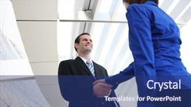  Presentation with team building - Amazing slides having attractive man and woman business team shaking hands at office building backdrop and a ocean colored foreground