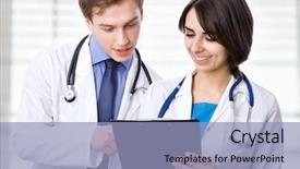  Presentation with medical emergency - Theme enhanced with attractive man and woman medical background and a light blue colored foreground