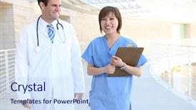  Presentation with team building - Audience pleasing presentation theme consisting of attractive man and woman medical backdrop and a light blue colored foreground