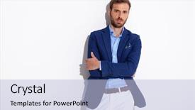  Presentation with clothing wooden clothes hanger object - Slide set with attractive man in smartcasual clothes background and a light blue colored foreground