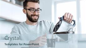  Presentation with coffee cup - Beautiful presentation theme featuring attractive-man-pouring-himself backdrop and a lemonade colored foreground