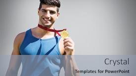  Presentation with medal - Slides featuring attractive man showing medal against grey background background and a light blue colored foreground