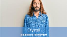  Presentation with 80s disco - Presentation design featuring attractive-man-with-long-hair background and a teal colored foreground