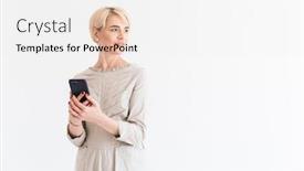  Presentation with hair dress - Slide deck enhanced with attractive mature woman 40s with short blond hair wearing dress holding black cell phone and looking aside at copyspace isolated over white background in studio background and a white colored foreground