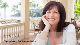  Presentation with destination - Colorful PPT theme enhanced with attractive-middle-aged-woman-relaxing backdrop and a coral colored foreground