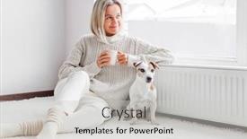  Presentation with coffee cup - Presentation theme consisting of attractive-middle-aged-woman background and a light gray colored foreground