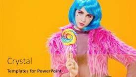  Presentation with lollipop - Colorful slide set enhanced with attractive-party-girl-with-bright backdrop and a light gray colored foreground