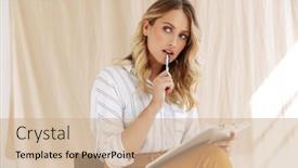  Presentation with taking notes - Theme enhanced with attractive pensive young blonde woman wearing shirt sitting on a chair indoors taking notes in a notepad background and a coral colored foreground