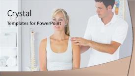  Presentation with patients - Presentation design with posture - attractive physiotherapist examining patients back background and a light gray colored foreground