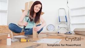  Presentation with female - Cool new slide deck with attractive-red-haired-female-nailing backdrop and a soft green colored foreground