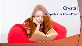  Presentation with girl reading - Presentation design enhanced with attractive redhead concentrated girl lying and relaxing in red bean bag and reading a book isolated on white background background and a sky blue colored foreground
