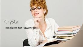  Presentation with stack books - Beautiful slide set featuring attractive redhead lady sitting at desk with books stack backdrop and a light gray colored foreground