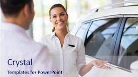  Presentation with car - Slides enhanced with attractive saleswoman showing new car background and a sky blue colored foreground