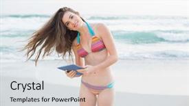  Presentation with brown bear baby shoes - Presentation theme featuring attractive slim brown haired model background and a  colored foreground