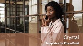  Presentation with entrepreneur - PPT theme featuring attractive-smart-young-african-woman background and a coral colored foreground