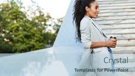  Presentation with takeaway coffee - Slide deck consisting of attractive-smiling-african-business-woman background and a light blue colored foreground