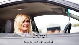  Presentation with driving - Amazing PPT theme having attractive smiling blonde sitting in driving seat backdrop and a light gray colored foreground