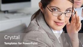  Presentation with glasses - Colorful slide deck enhanced with attractive-smiling-business-woman backdrop and a gray colored foreground
