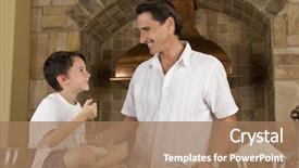  Presentation with chocolate chip - PPT layouts consisting of attractive smiling father and son cooking baking chocolate chip cookies in a kitchen at home background and a coral colored foreground