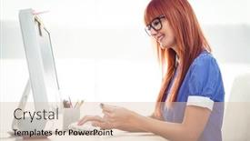 Presentation with office - Colorful slide set enhanced with attractive-smiling-hipster-woman-posing backdrop and a lemonade colored foreground