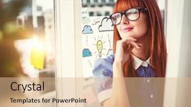  Presentation with thinking - Colorful theme enhanced with attractive smiling hipster woman thinking backdrop and a  colored foreground