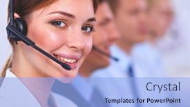  Presentation with call center - PPT theme with attractive-smiling-positive-young-businesspeople background and a  colored foreground