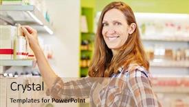  Presentation with media buying - Beautiful presentation theme featuring attractive smiling woman buying cosmetis backdrop and a  colored foreground