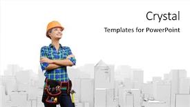  Presentation with woman engineer - PPT theme featuring attractive smiling woman engineer wearing helmet and tool belt background and a white colored foreground