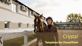  Presentation with equestrian - Presentation theme consisting of attractive-smiling-woman-equestrian-walking background and a tawny brown colored foreground