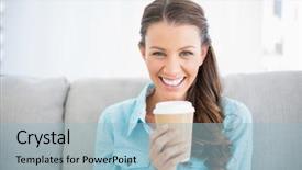  Presentation with coffee cup - PPT layouts having attractive smiling woman holding cup background and a  colored foreground