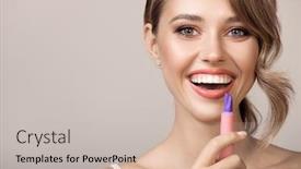  Presentation with lipstick - PPT theme having attractive-smiling-woman-holding-lipstick background and a soft green colored foreground