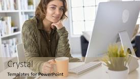  Presentation with woman office desk - Cool new PPT theme with attractive-smiling-woman-sitting backdrop and a coral colored foreground