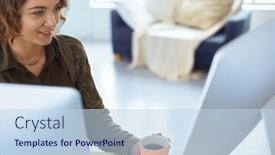  Presentation with woman office desk - Slides featuring attractive-smiling-woman-sitting background and a sky blue colored foreground