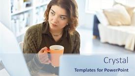  Presentation with woman office desk - PPT theme having attractive-smiling-woman-sitting background and a sky blue colored foreground